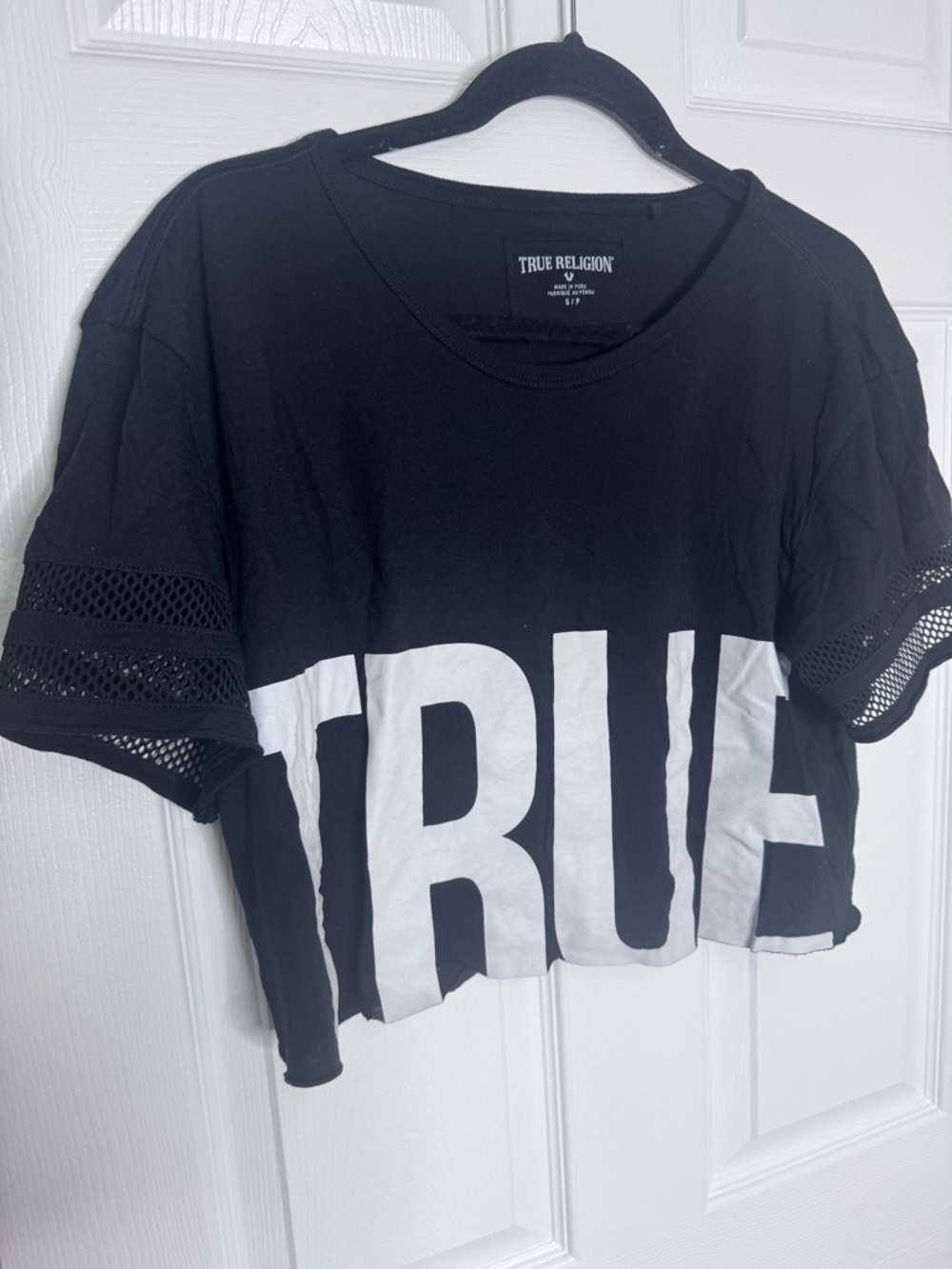 True Religion Black Cropped Tee with White Block Logo